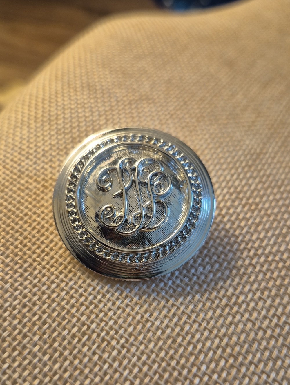Vintage PLJ Silver Decorative Monogram Brooch Scarf Clip